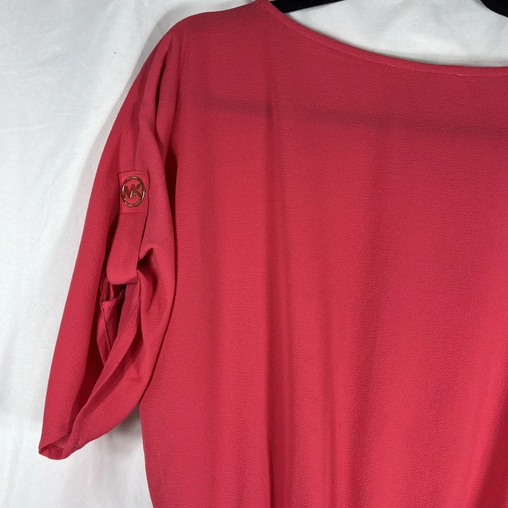 Michael Kors‎ Top Women's Med Rose Scoop Neck Roll Tab Sleeve Sheer Blouse